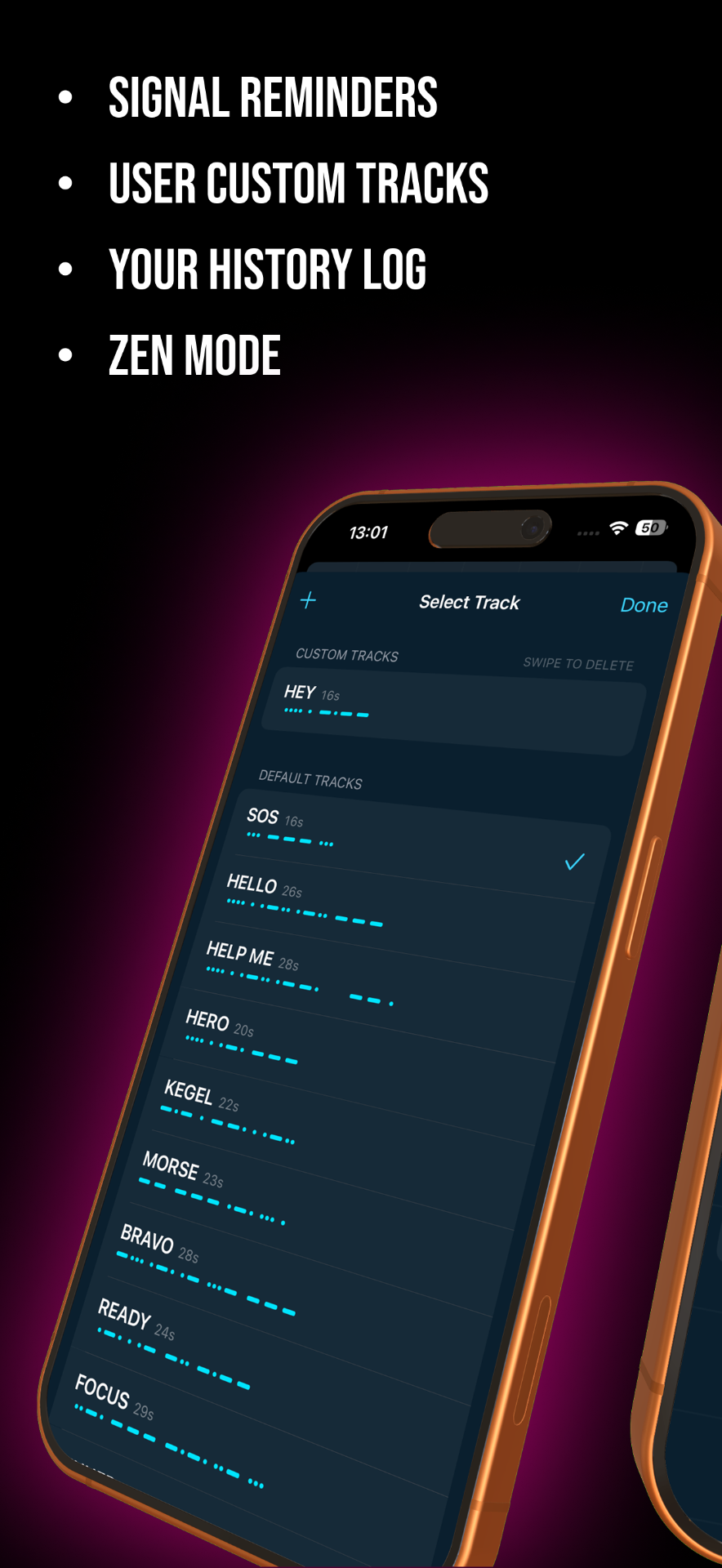 Kegel Morse Hero track selection with custom tracks, signal reminders, and history log